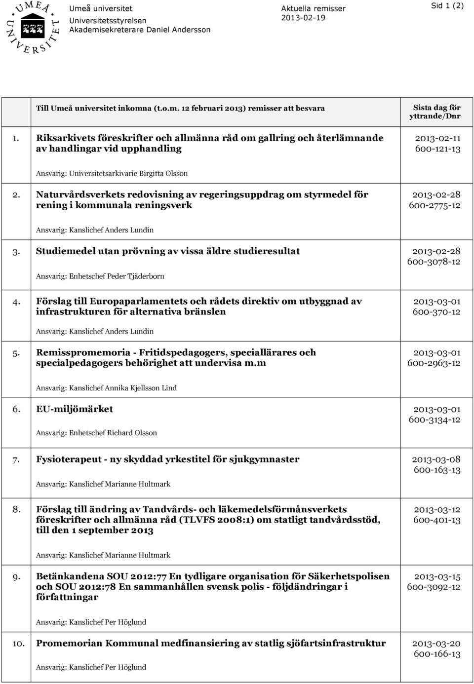 2. Naturvårdsverkets redovisning av regeringsuppdrag om styrmedel för rening i kommunala reningsverk 2013-02-28 600-2775-12 Ansvarig: Kanslichef Anders Lundin 3.