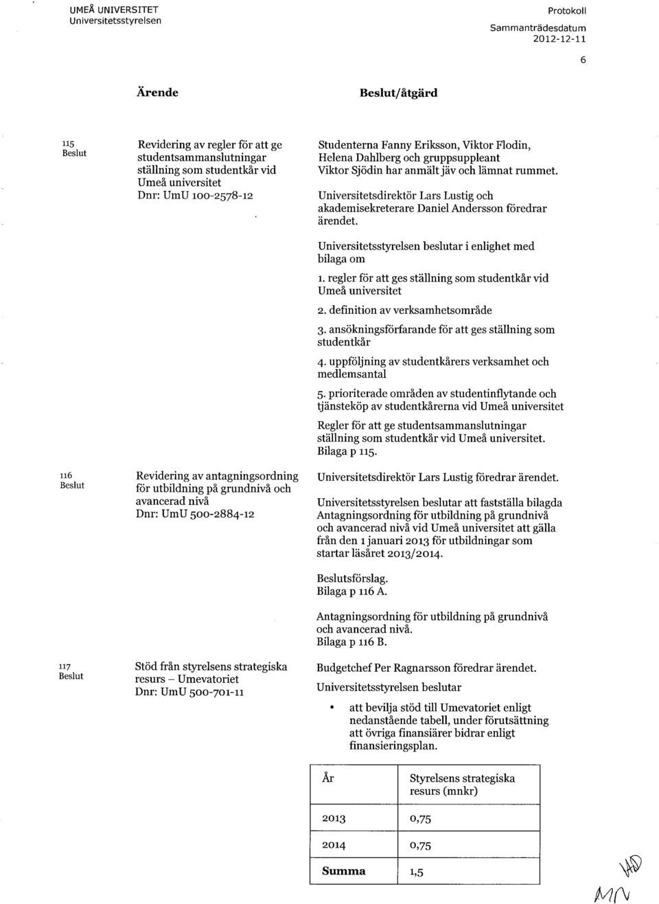 resurs - Umevatoriet Dnr: UmU 500-701-11 Studenterna Fanny Eriksson, Viktor Flodin, Helena Dahlberg och gruppsuppleant Viktor Sjödin har anmält jäv och lämnat rummet.