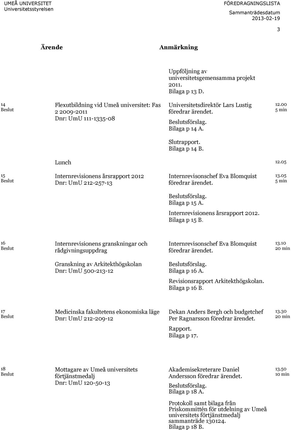 Bilaga p 14 B. Lunch 12.05 15 Beslut Internrevisionens årsrapport 2012 Dnr: UmU 212-257-13 Internrevisonschef Eva Blomquist föredrar ärendet. 13.05 5 min Beslutsförslag. Bilaga p 15 A.
