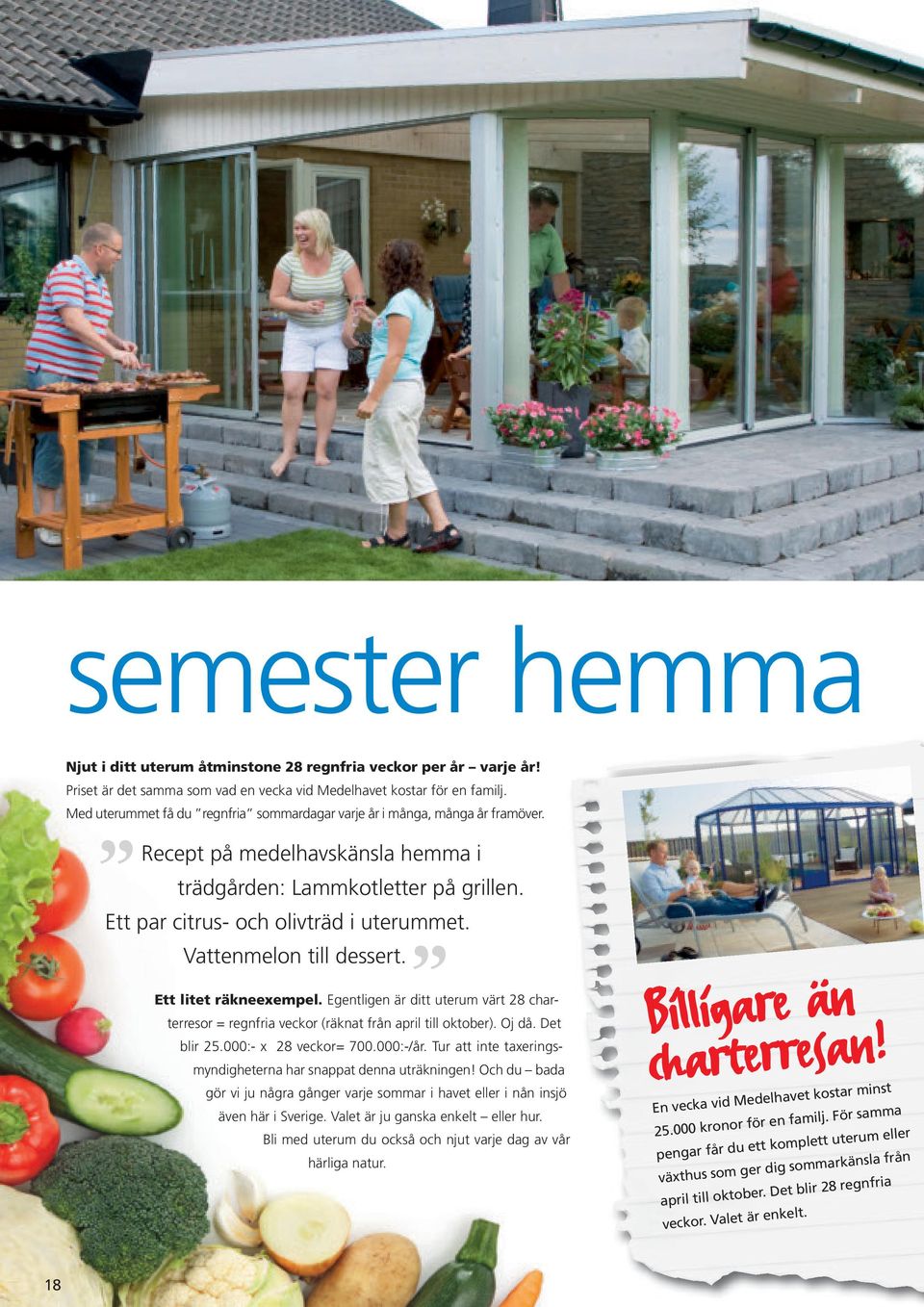 Vattenmelon till dessert. Ett litet räkneexempel. Egentligen är ditt uterum värt 28 charterresor = regnfria veckor (räknat från april till oktober). Oj då. Det blir 25.000:- x 28 veckor= 700.000:-/år.