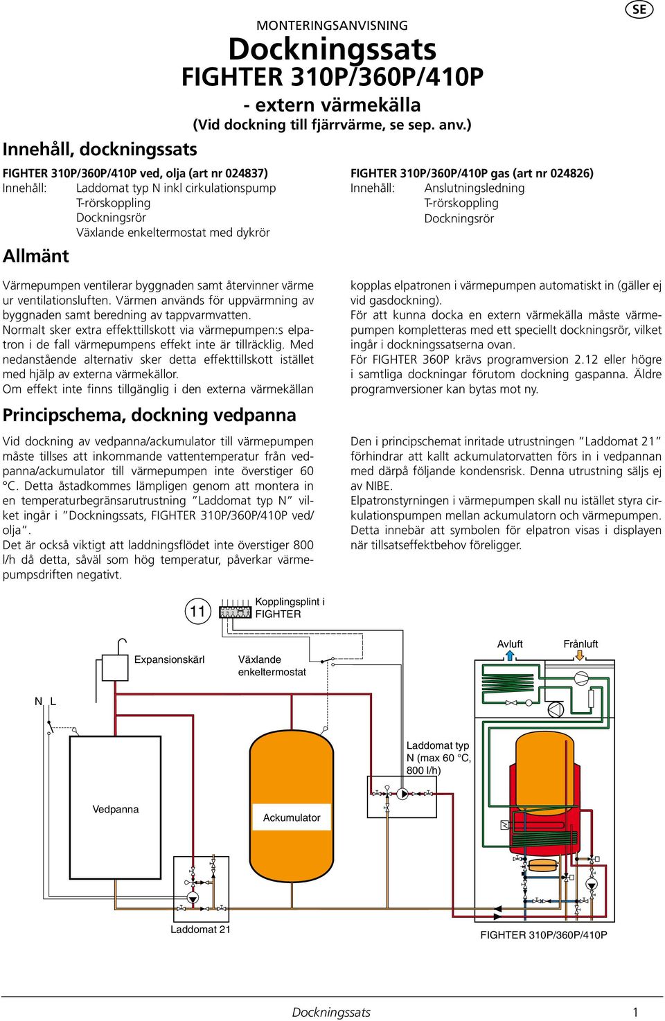 ) FIGHTE 0P FIGHTE 0P/60P/40P gas (art nr 0486) Innehåll: Anslutningsledning T-rörskoppling Dockningsrör SE Värmepumpen ventilerar byggnaden samt återvinner värme ur ventilationsluften.