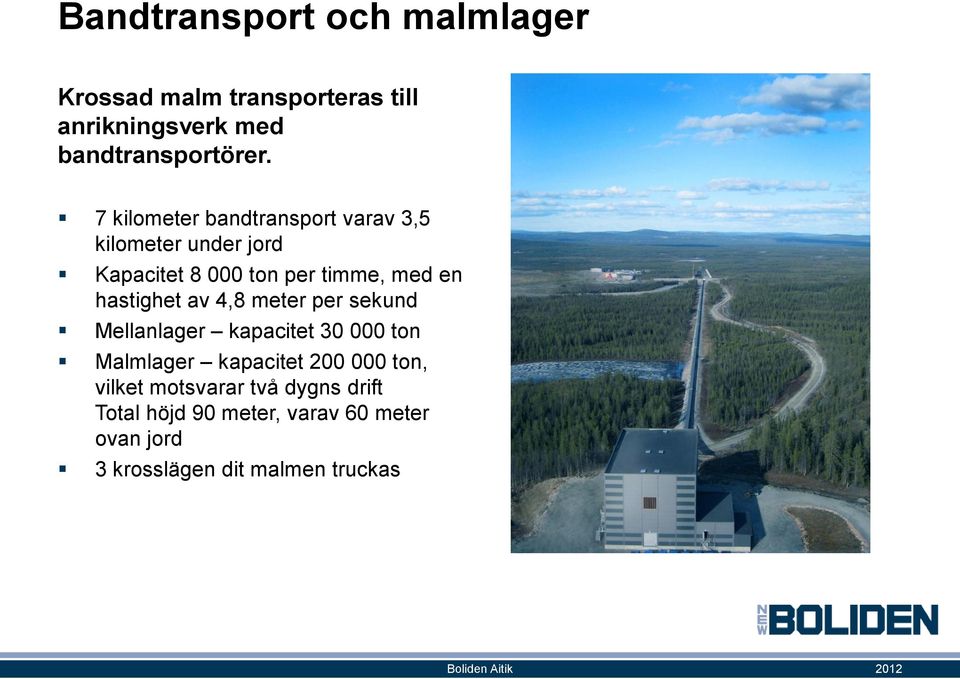 av 4,8 meter per sekund Mellanlager kapacitet 30 000 ton Malmlager kapacitet 200 000 ton, vilket