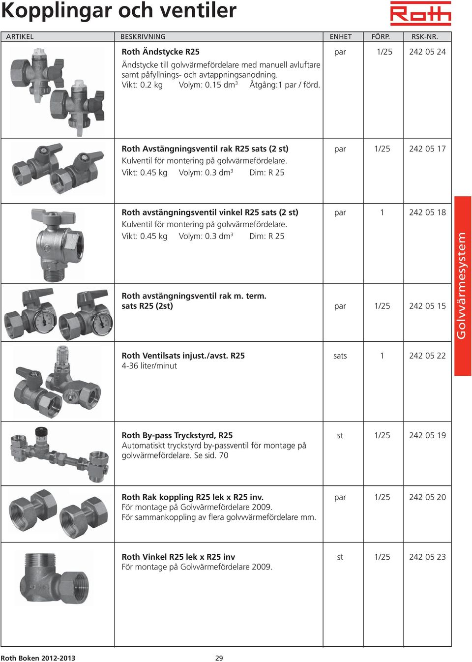 3 dm 3 Dim: R 25 Roth avstängningsventil vinkel R25 sats (2 st) par 1 242 05 18 Kulventil för montering på golvvärmefördelare. Vikt: 0.45 kg Volym: 0.3 dm 3 Dim: R 25 Roth avstängningsventil rak m.