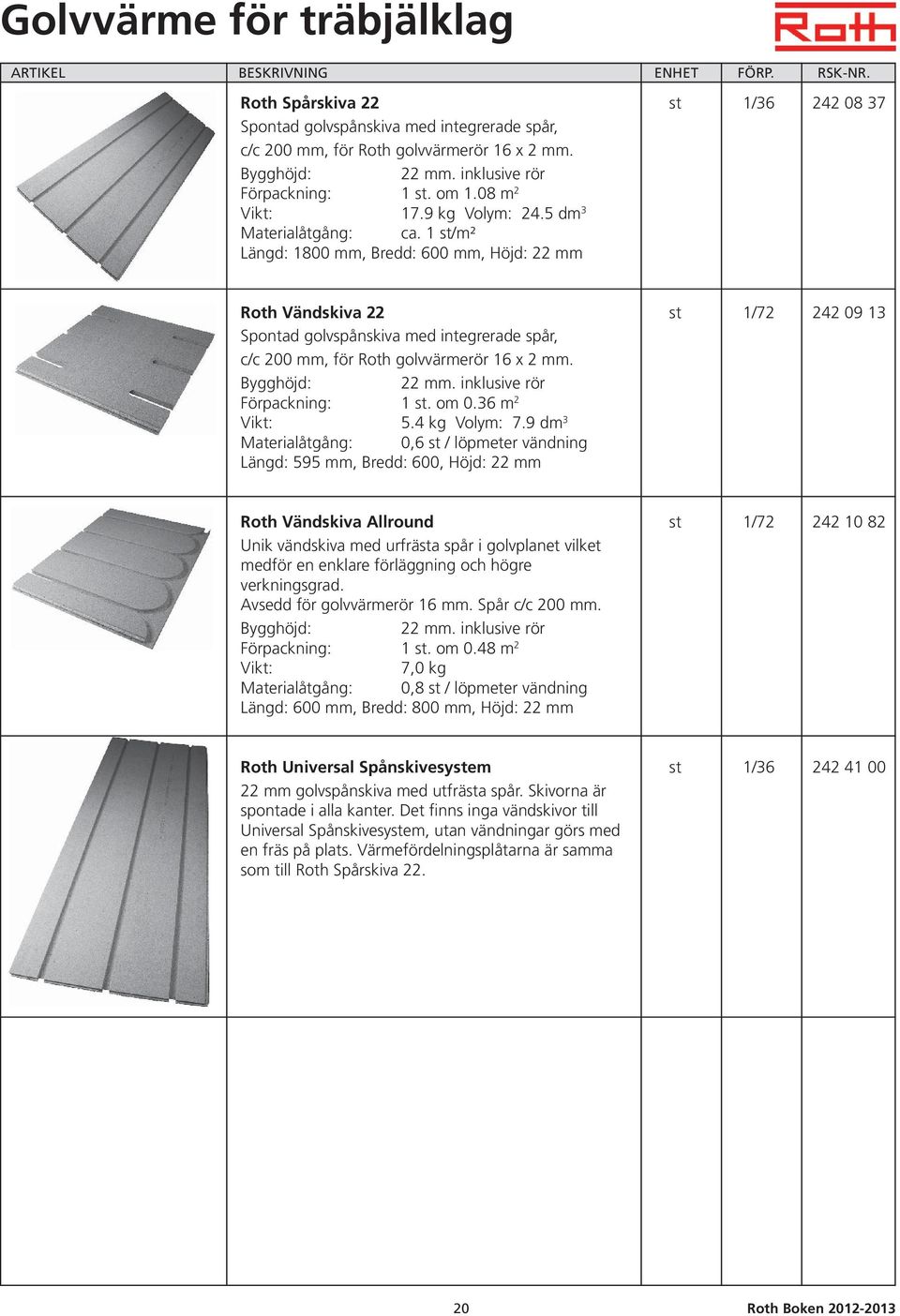 1 st/m² Längd: 1800 mm, Bredd: 600 mm, Höjd: 22 mm Roth Vändskiva 22 st 1/72 242 09 13 Spontad golvspånskiva med integrerade spår, c/c 200 mm, för Roth golvvärmerör 16 x 2 mm. Bygghöjd: 22 mm.