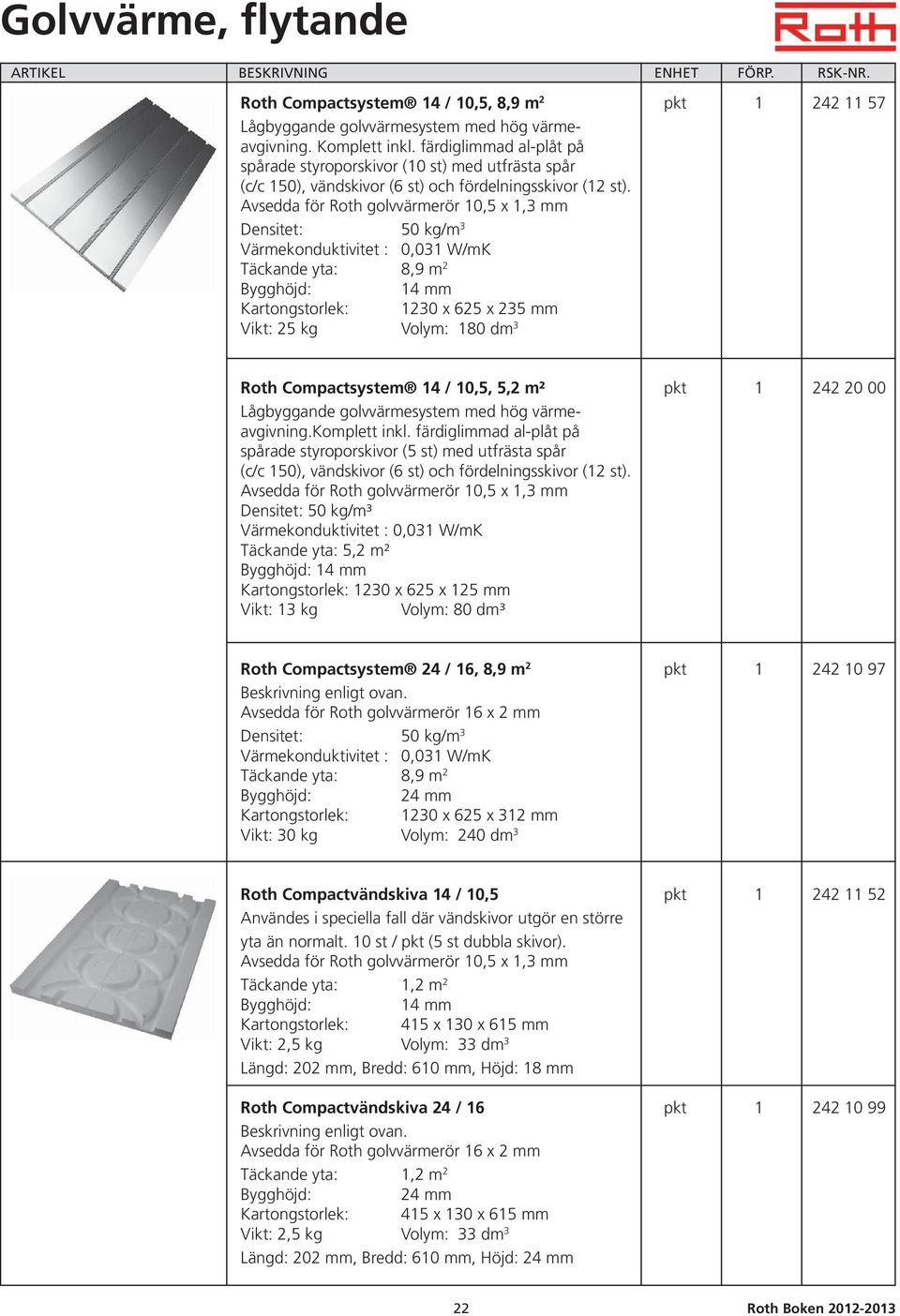 Avsedda för Roth golvvärmerör 10,5 x 1,3 mm Densitet: 50 kg/m 3 Värmekonduktivitet : 0,031 W/mK Täckande yta: 8,9 m 2 Bygghöjd: 14 mm Kartongstorlek: 1230 x 625 x 235 mm Vikt: 25 kg Volym: 180 dm 3