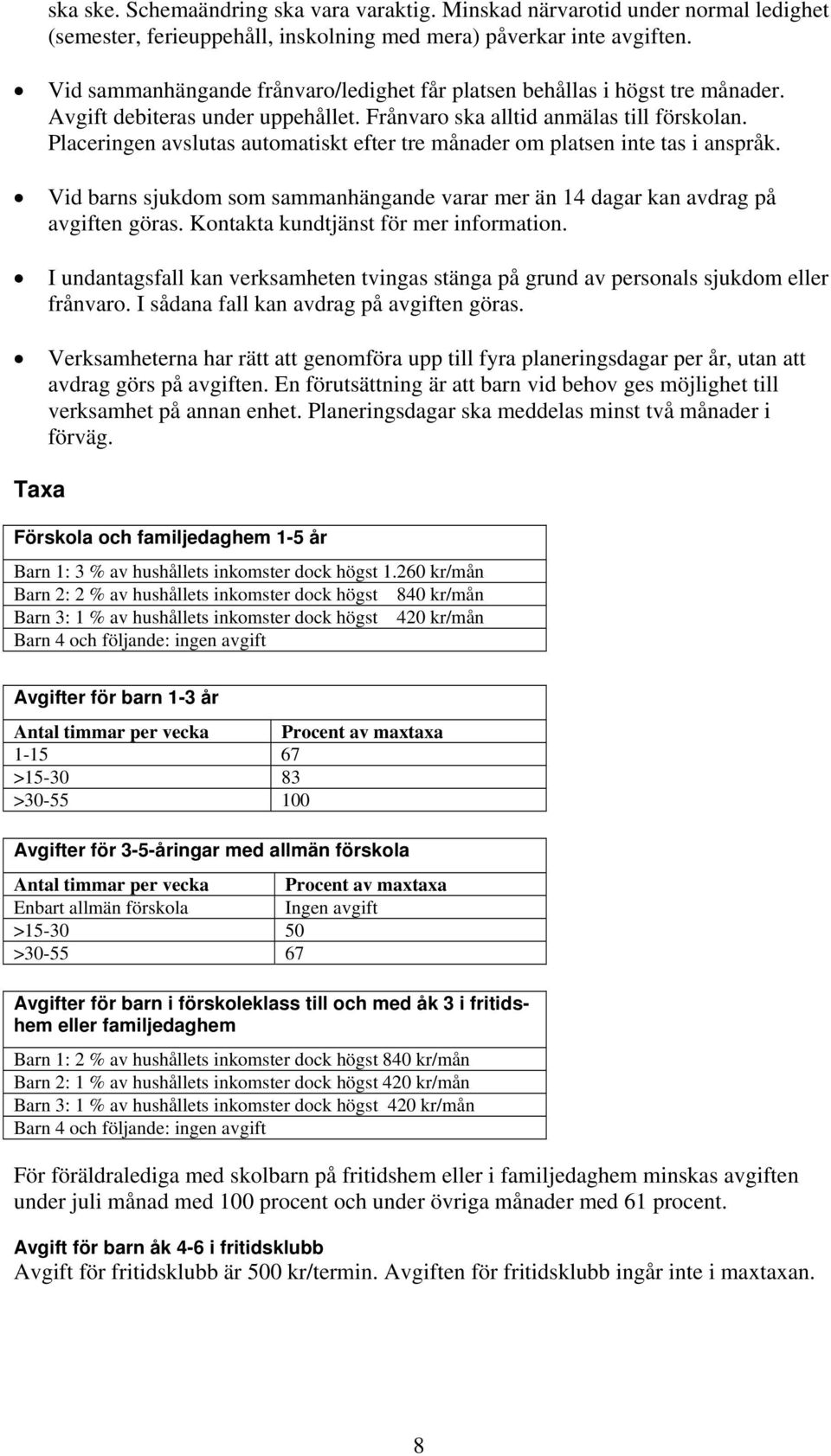 Placeringen avslutas automatiskt efter tre månader om platsen inte tas i anspråk. Vid barns sjukdom som sammanhängande varar mer än 14 dagar kan avdrag på avgiften göras.