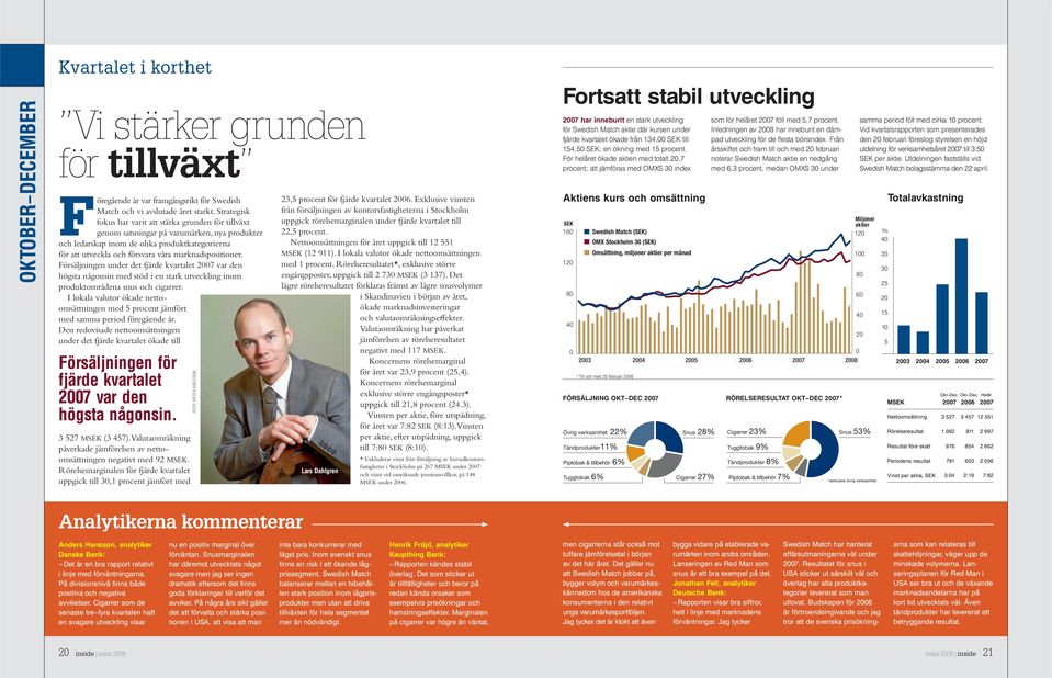 marknadspositioner. Försäljningen under det fjärde kvartalet 2007 var den högsta någonsin med stöd i en stark utveckling inom produktområdena snus och cigarrer.