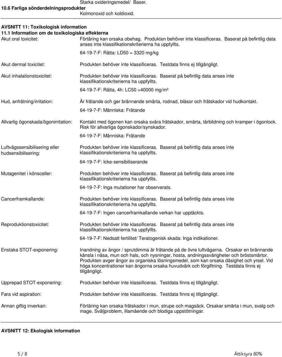 anfrätning/irritation: Allvarlig ögonskada/ögonirritation: Luftvägssensibilisering eller hudsensibilisering: Produkten behöver inte klassificeras Testdata finns ej tillgängligt 64-19-7-F: Råtta, 4h: