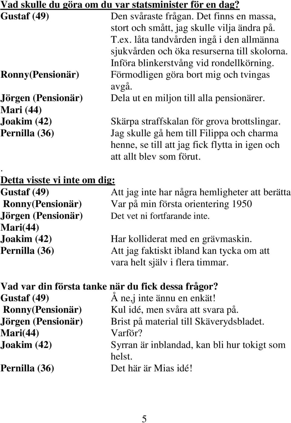 Jörgen (Pensionär) Dela ut en miljon till alla pensionärer. Mari (44) Joakim (42) Skärpa straffskalan för grova brottslingar.