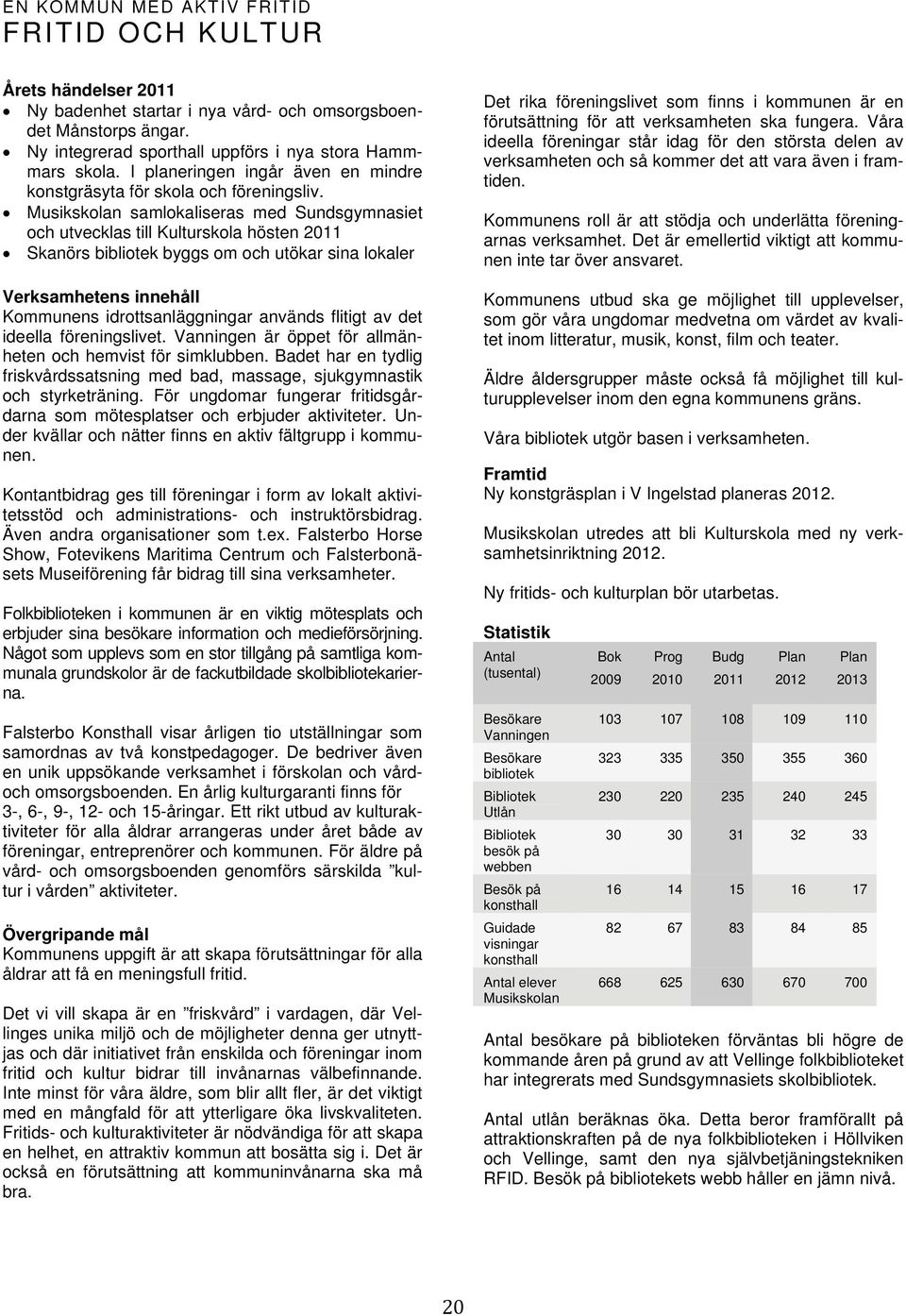 Musikskolan samlokaliseras med Sundsgymnasiet och utvecklas till Kulturskola hösten 2011 Skanörs bibliotek byggs om och utökar sina lokaler Verksamhetens innehåll Kommunens idrottsanläggningar