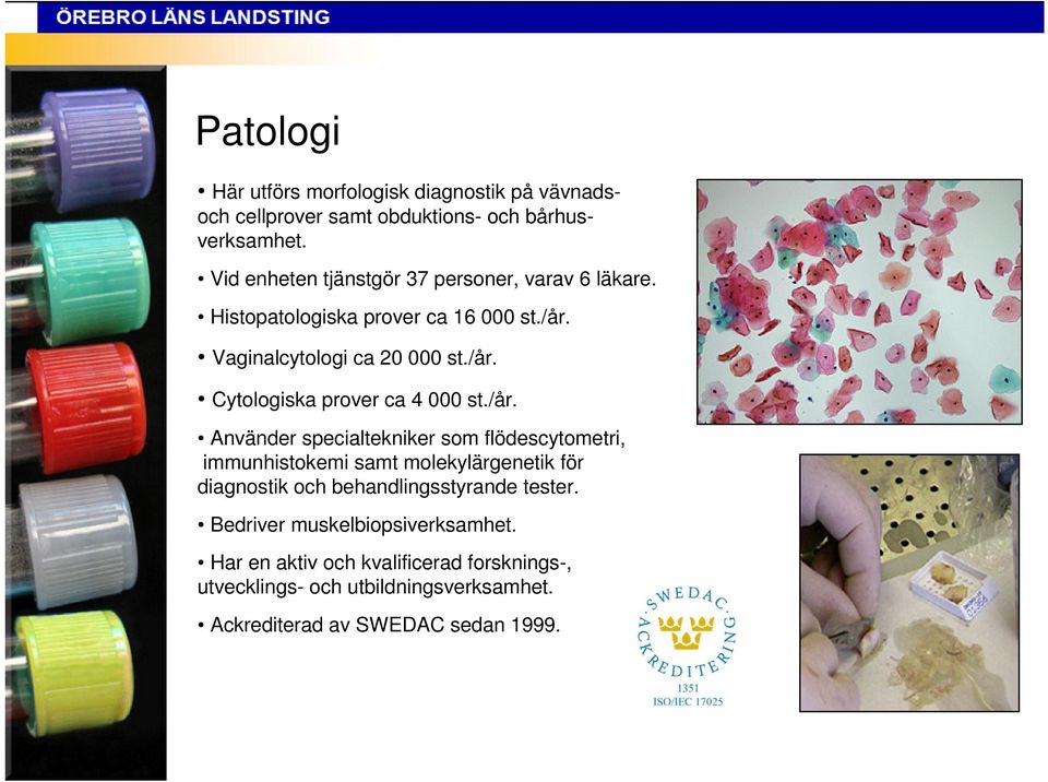 /år. Använder specialtekniker som flödescytometri, immunhistokemi samt molekylärgenetik för diagnostik och behandlingsstyrande tester.