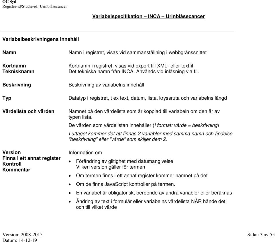 Beskrivning av variabelns innehåll Datatyp i registret, t ex text, datum, lista, kryssruta och variabelns längd et på den värdelista som är kopplad till variabeln om den är av typen lista.