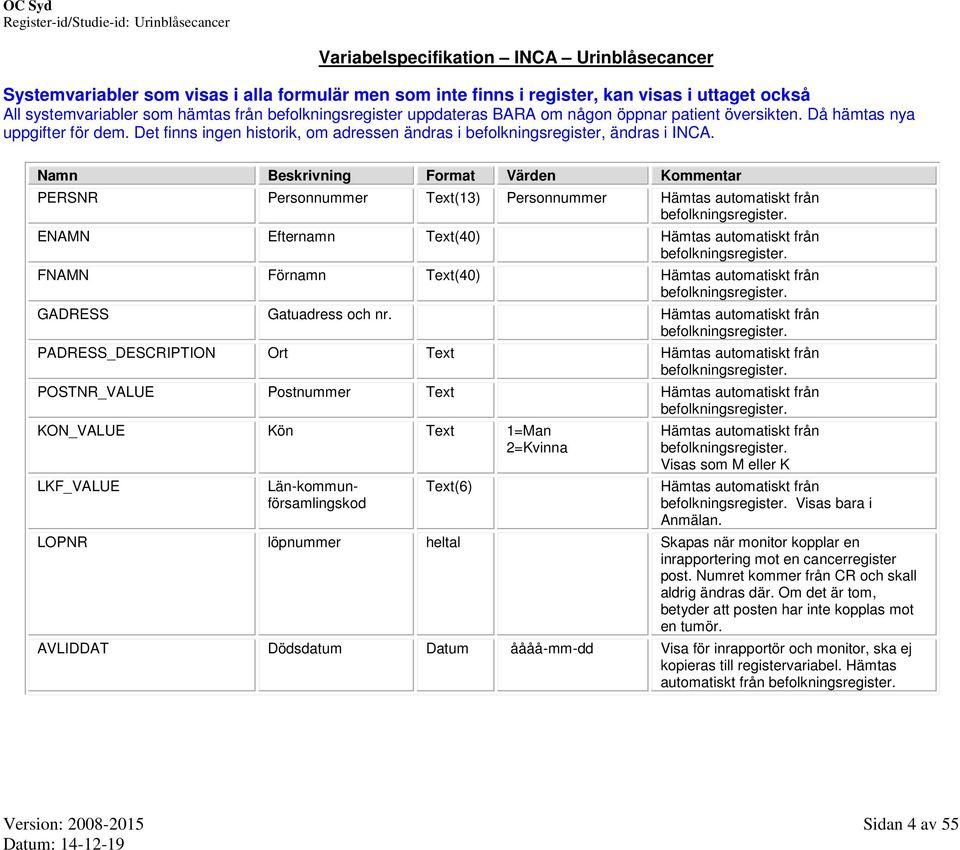 Beskrivning Format Värden PERSNR Personnummer Text(13) Personnummer Hämtas automatiskt från befolkningsregister. ENAMN Efternamn Text(40) Hämtas automatiskt från befolkningsregister.