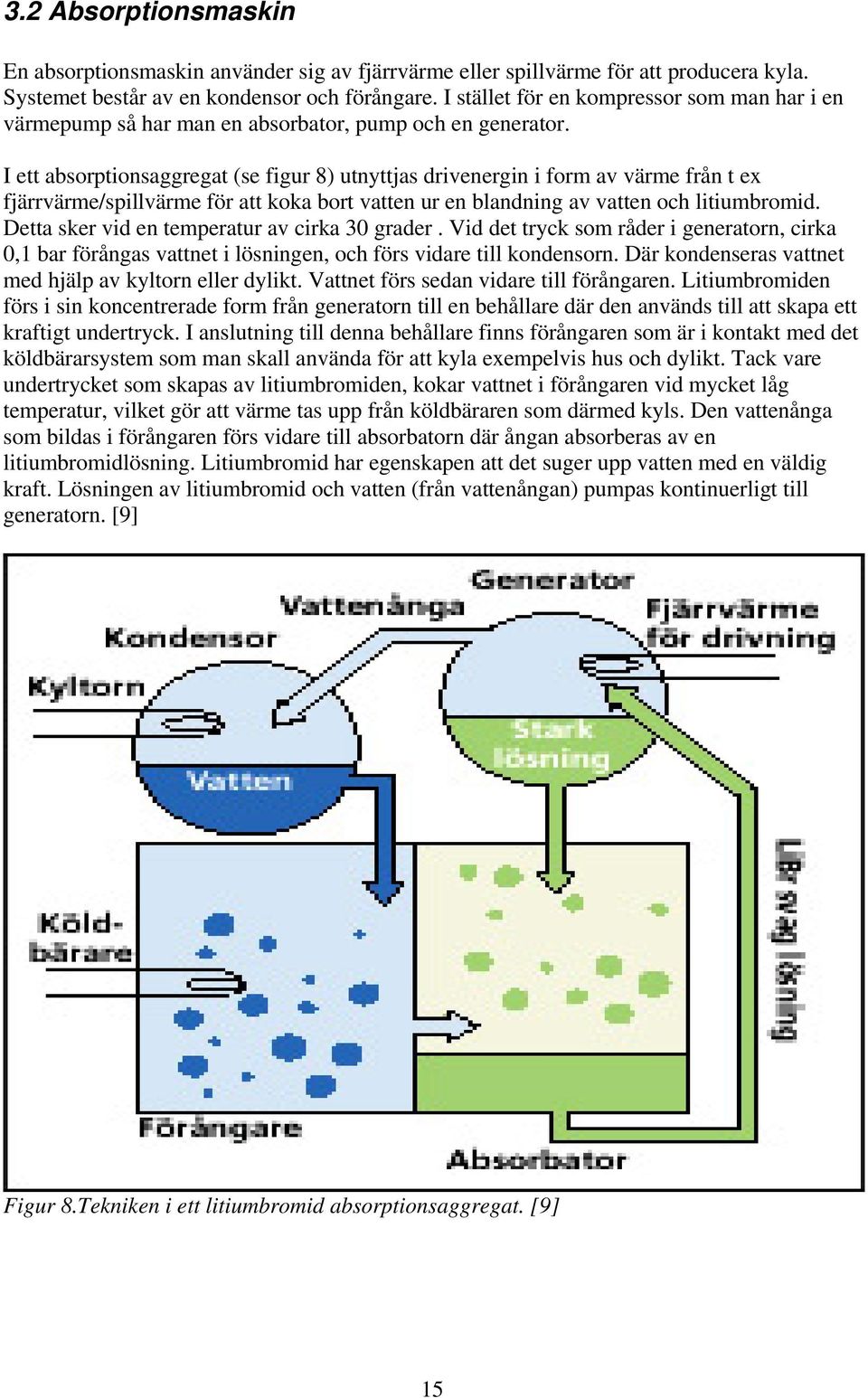 I ett absorptionsaggregat (se figur 8) utnyttjas drivenergin i form av värme från t ex fjärrvärme/spillvärme för att koka bort vatten ur en blandning av vatten och litiumbromid.