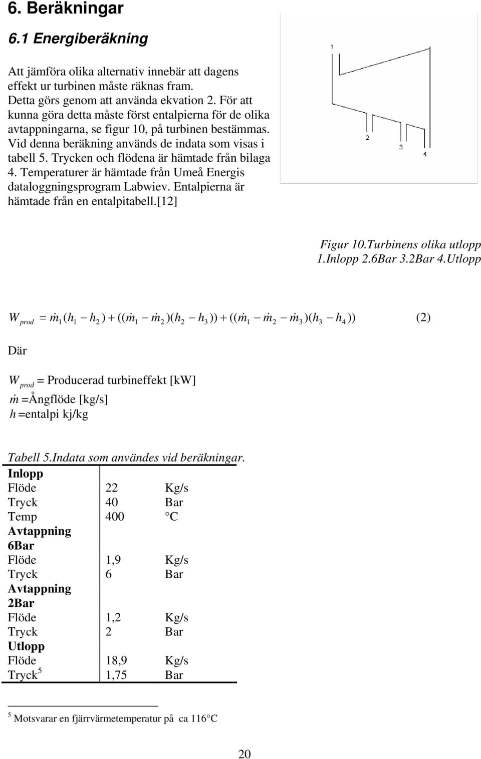 Trycken och flödena är hämtade från bilaga 4. Temperaturer är hämtade från Umeå Energis dataloggningsprogram Labwiev. Entalpierna är hämtade från en entalpitabell.[12] Figur 10.