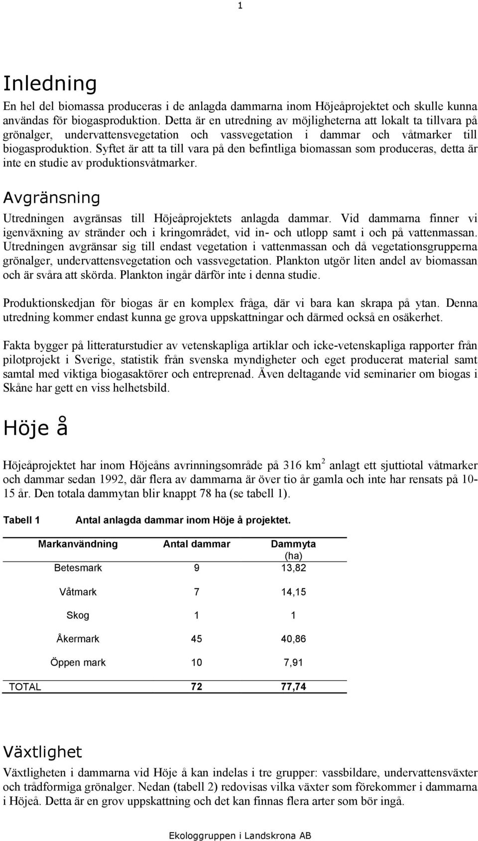 Syftet är att ta till vara på den befintliga biomassan som produceras, detta är inte en studie av produktionsvåtmarker. Avgränsning Utredningen avgränsas till Höjeåprojektets anlagda dammar.