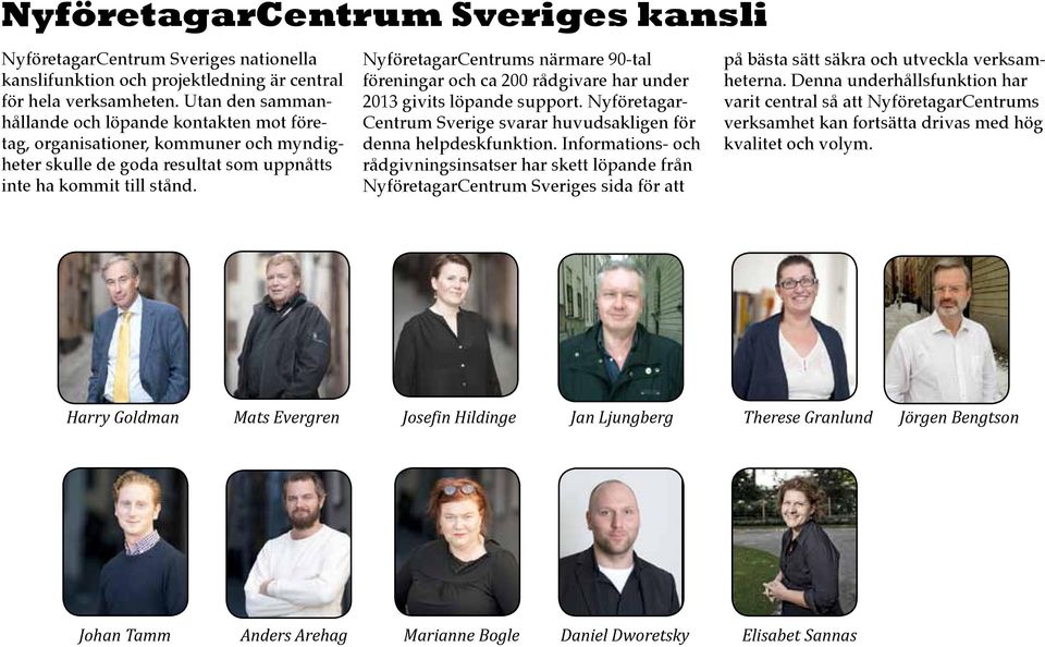 NyföretagarCentrums närmare 90-tal föreningar och ca 200 rådgivare har under 2013 givits löpande support. Nyföretagar- Centrum Sverige svarar huvudsakligen för denna helpdeskfunktion.