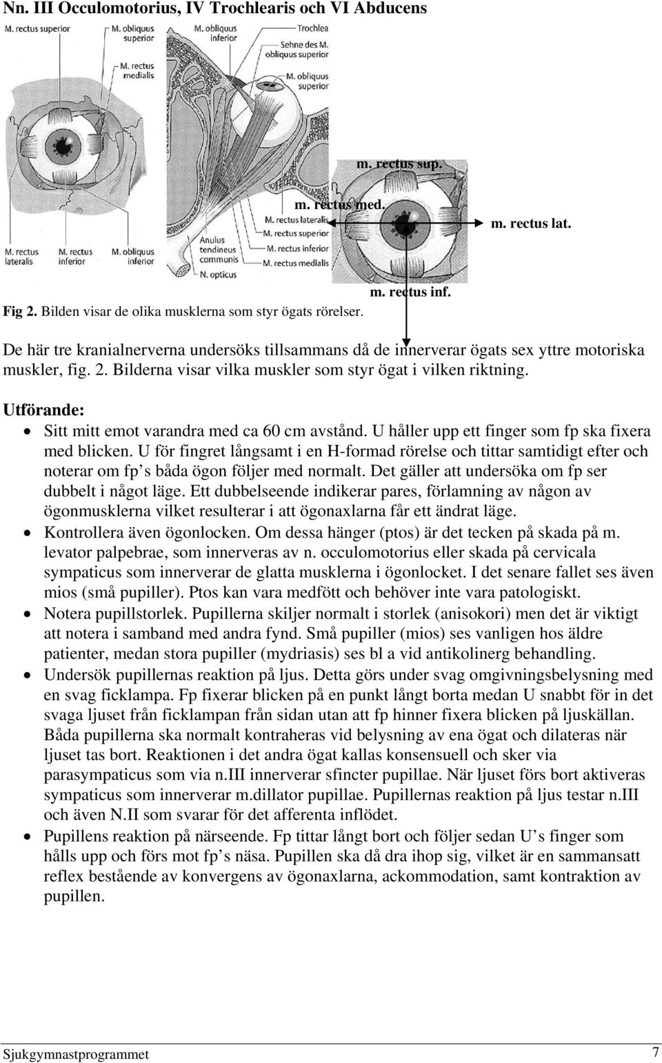 Utförande: Sitt mitt emot varandra med ca 60 cm avstånd. U håller upp ett finger som fp ska fixera med blicken.