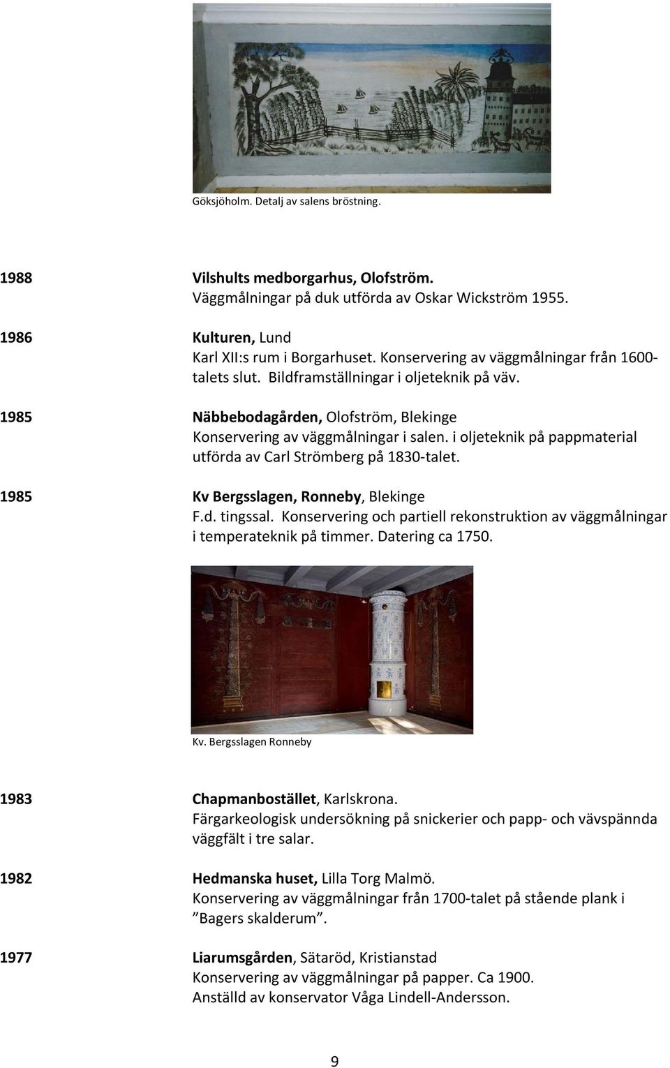 i oljeteknik på pappmaterial utförda av Carl Strömberg på 1830-talet. 1985 Kv Bergsslagen, Ronneby, Blekinge F.d. tingssal.