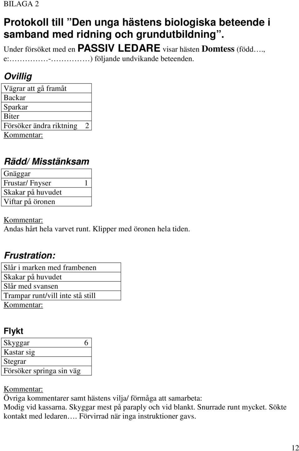 Ovillig Vägrar att gå framåt Backar Sparkar Biter Försöker ändra riktning 2 Rädd/ Misstänksam Gnäggar Frustar/ Fnyser 1 Viftar på öronen Andas hårt hela varvet runt.