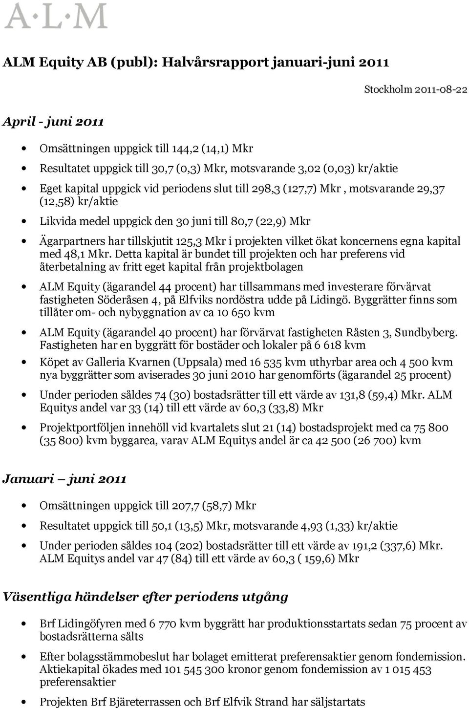 125,3 Mkr i projekten vilket ökat koncernens egna kapital med 48,1 Mkr.