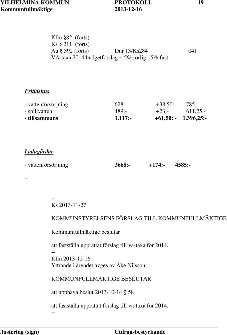 396,25:- Ladugårdar - vattenförsörjning 3668:- +174:- 4585:- Ks 2013-11-27 KOMMUNSTYRELSENS FÖRSLAG TILL KOMMUNFULLMÄKTIGE Kommunfullmäktige beslutar att