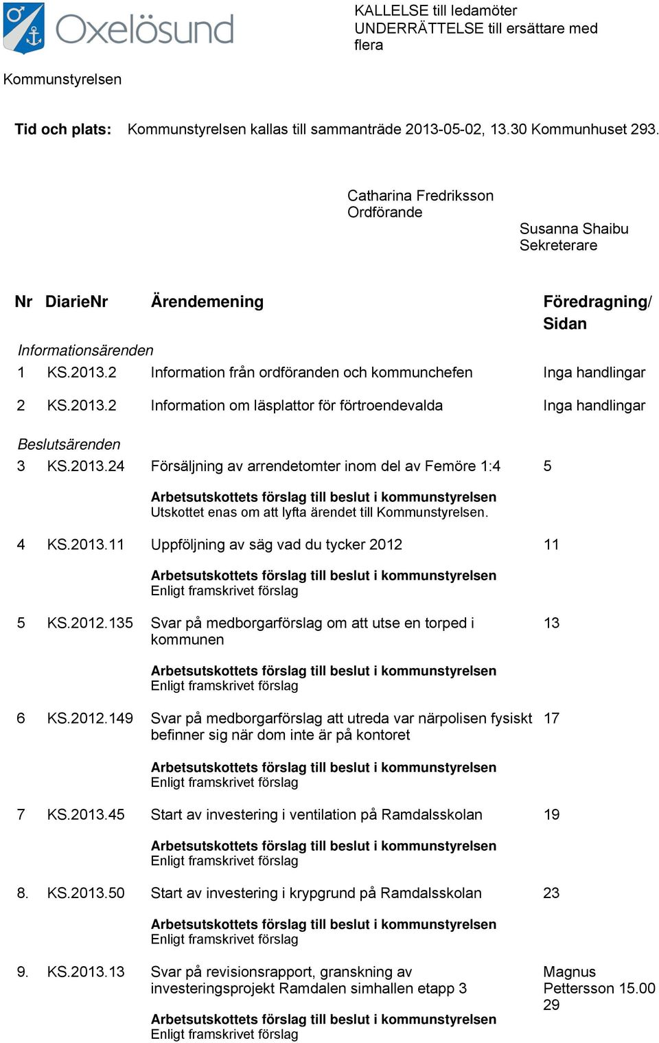 2 Information från ordföranden och kommunchefen Inga handlingar 2 KS.2013.