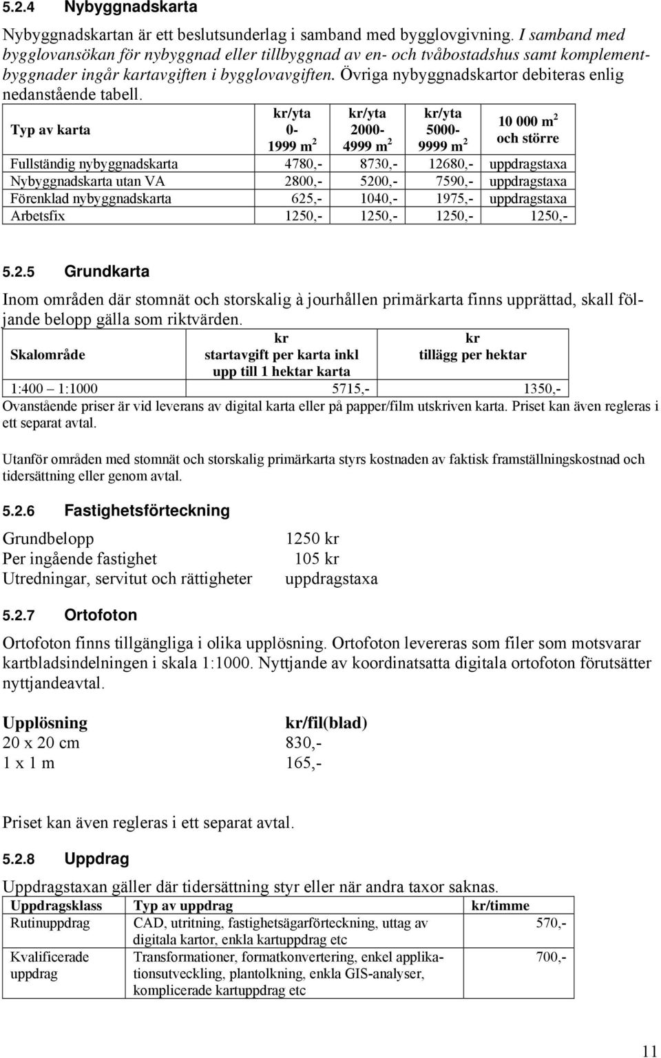 Övriga nybyggnadskartor debiteras enlig nedanstående tabell.