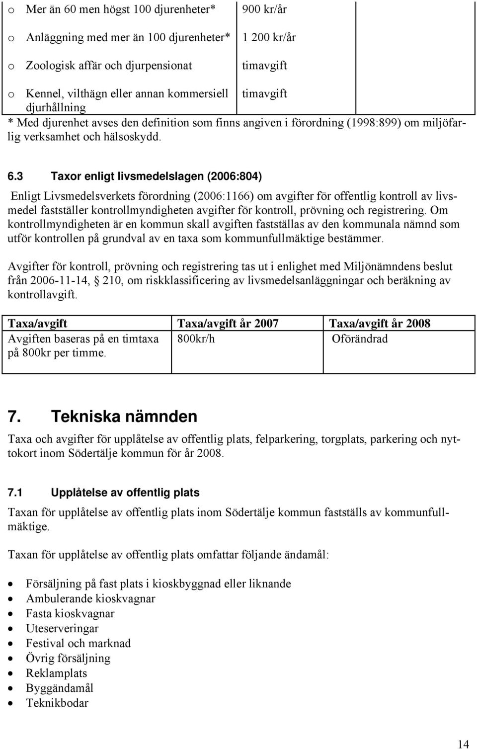 3 Taxor enligt livsmedelslagen (2006:804) Enligt Livsmedelsverkets förordning (2006:1166) om avgifter för offentlig kontroll av livsmedel fastställer kontrollmyndigheten avgifter för kontroll,