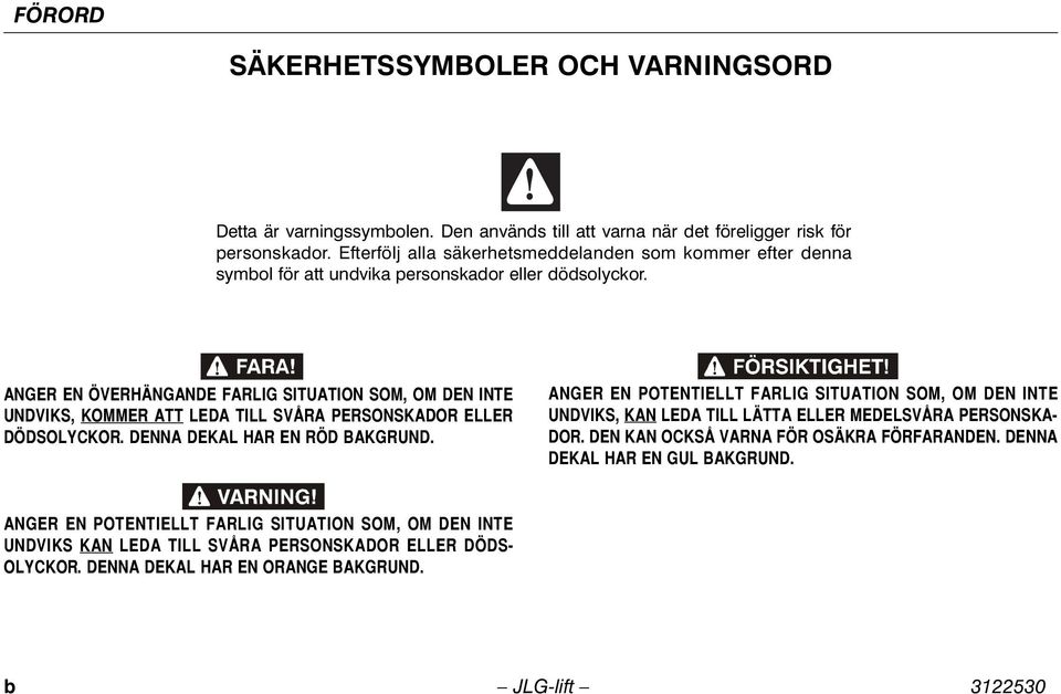 ANGER EN ÖVERHÄNGANDE FARLIG SITUATION SOM, OM DEN INTE UNDVIKS, KOMMER ATT LEDA TILL SVÅRA PERSONSKADOR ELLER DÖDSOLYCKOR. DENNA DEKAL HAR EN RÖD BAKGRUND.