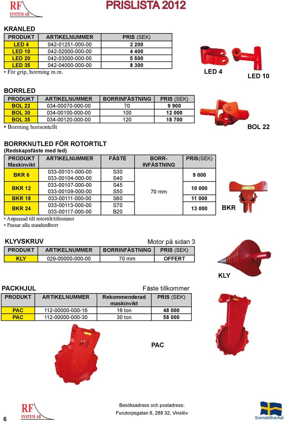 FÖR ROTORTILT (Redskapsfäste med led) ARTIKELNUMMER FÄSTE BORR- Maskinvikt INFÄSTNING BKR 6 033-00101-000-00 S30 033-00104-000-00 9 000 BKR 12 033-00107-000-00 033-00109-000-00 70 mm 10 000 BKR 18