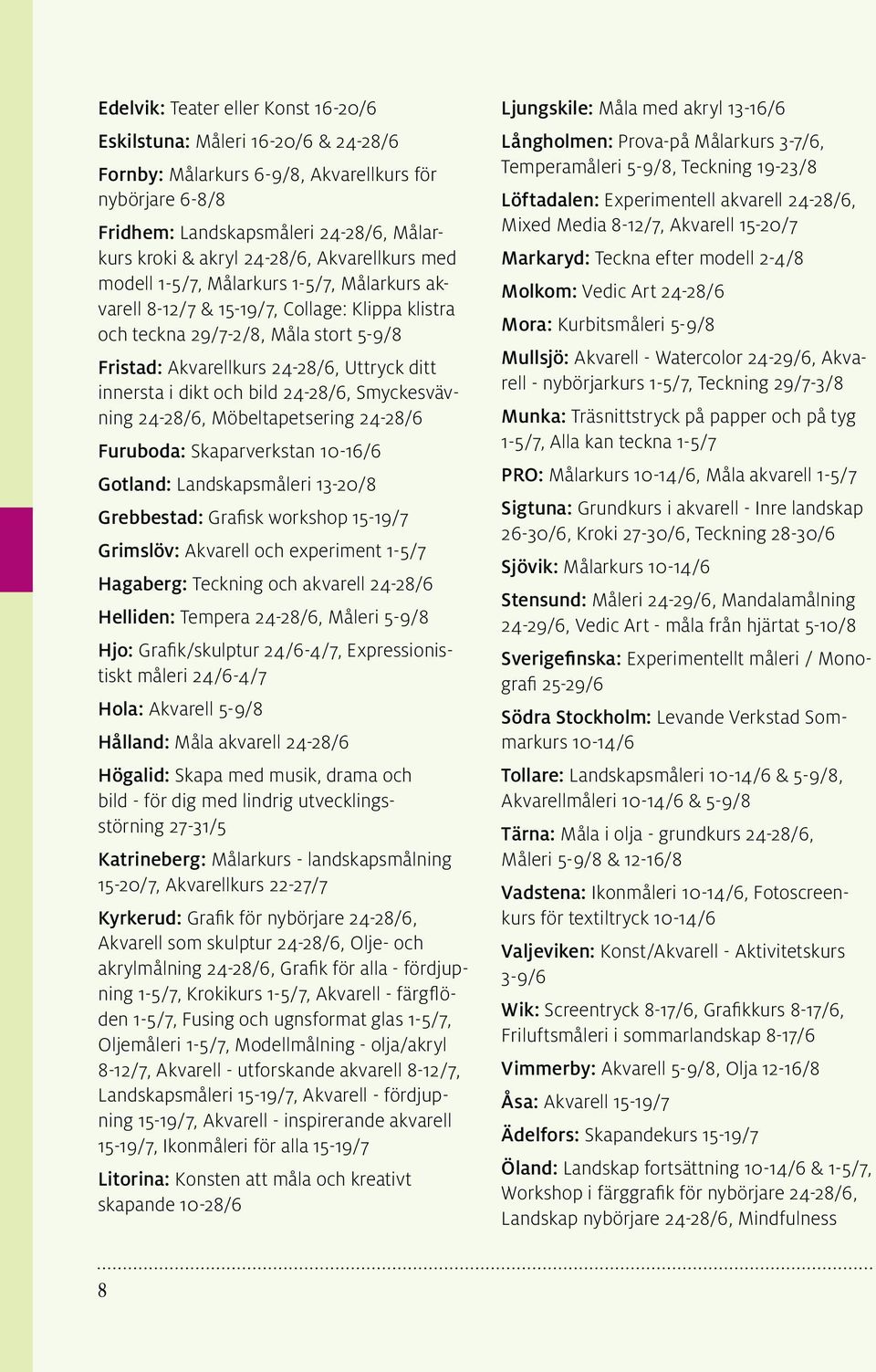 i dikt och bild 24-28/6, Smyckesvävning 24-28/6, Möbeltapetsering 24-28/6 Furuboda: Skaparverkstan 10-16/6 Gotland: Landskapsmåleri 13-20/8 Grebbestad: Grafisk workshop 15-19/7 Grimslöv: Akvarell och