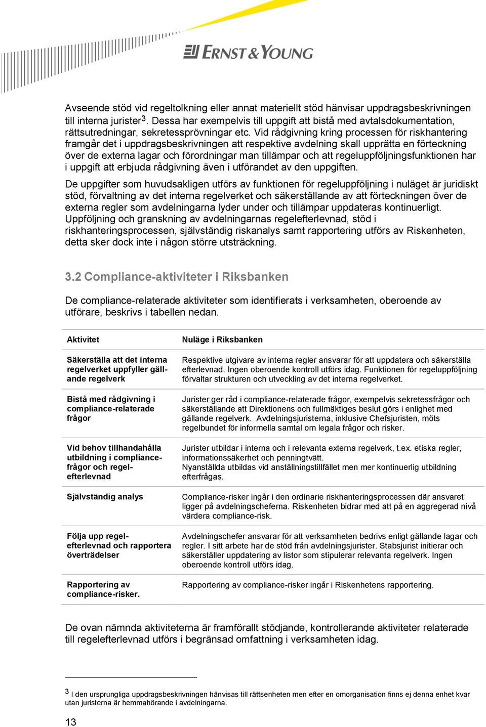 Vid rådgivning kring processen för riskhantering framgår det i uppdragsbeskrivningen att respektive avdelning skall upprätta en förteckning över de externa lagar och förordningar man tillämpar och