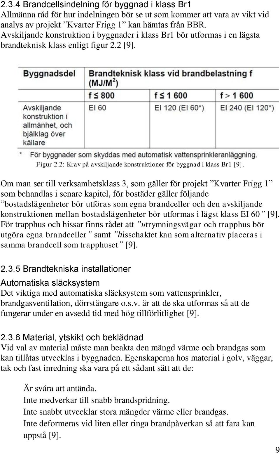 Om man ser till verksamhetsklass 3, som gäller för projekt Kvarter Frigg 1 som behandlas i senare kapitel, för bostäder gäller följande bostadslägenheter bör utföras som egna brandceller och den