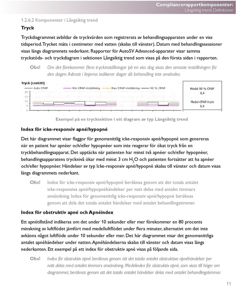 Rapporter för AutoSV Advanced-apparater visar samma tryckstöds- och tryckdiagram i sektionen Långsiktig trend som visas på den första sidan i rapporten.