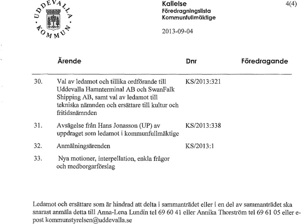 fritidsnämnden Avsägelse från Hans Jonasson (UP) av uppdraget som ledamot i kommunfullmäktige Anmälningsärenden Nya motioner, interpellation, enkla frågor och medborgarförslag