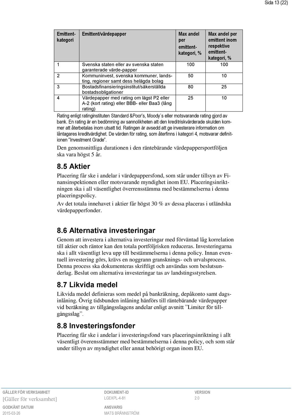 andel per emittent inom respektive emittentkategori, % 100 100 50 10 80 25 25 10 Rating enligt ratinginstituten Standard &Poor s, Moody s eller motsvarande rating gjord av bank.