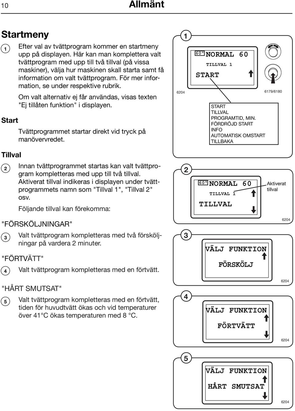 För mer information, se under respektive rubrik. Om valt alternativ ej får användas, visas texten "Ej tillåten funktion" i displayen. Start Tvättprogrammet startar direkt vid tryck på. manövervredet.