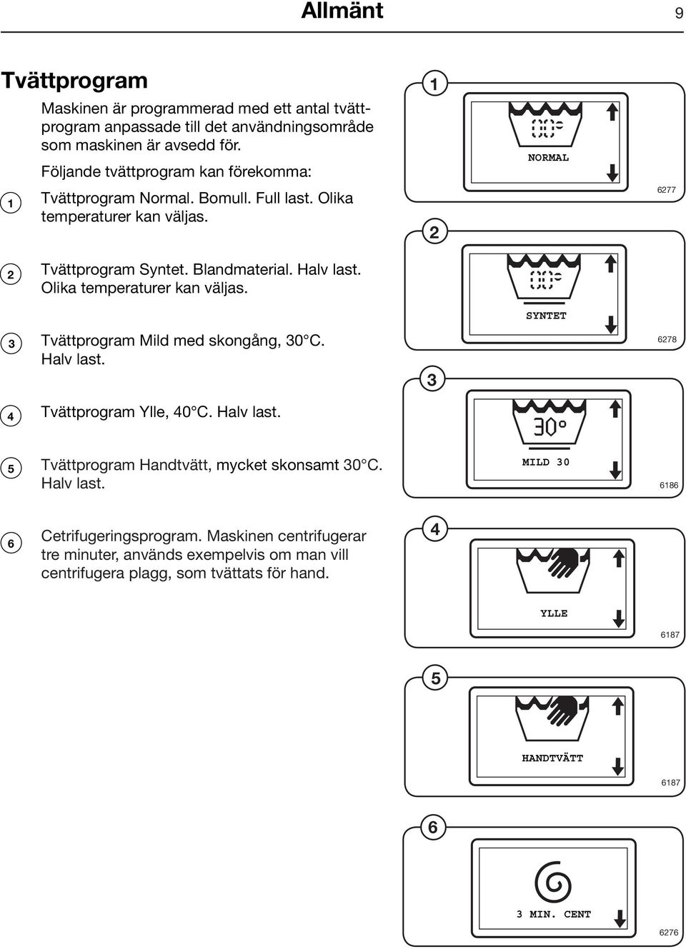 Olika temperaturer kan väljas. Syntet 3 Tvättprogram Mild med skongång, 30 C.. Halv last. 3 6278 4 Tvättprogram Ylle, 40 C. Halv last. 5 Tvättprogram Handtvätt, mycket skonsamt 30 C.