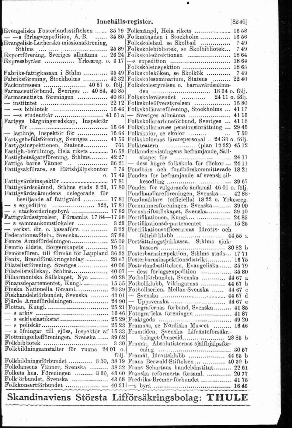 Fabriks-fattigkassan i Sthlm 35 49 Folkskoleköken se Skolkök 7 49 Fabrikafiirening Stockholms 42 32 Folkskoleseminarium Statens 22 40 Fackintressen 40 51 o följ Folkskolestyrelsen o barnavårdsnamn-