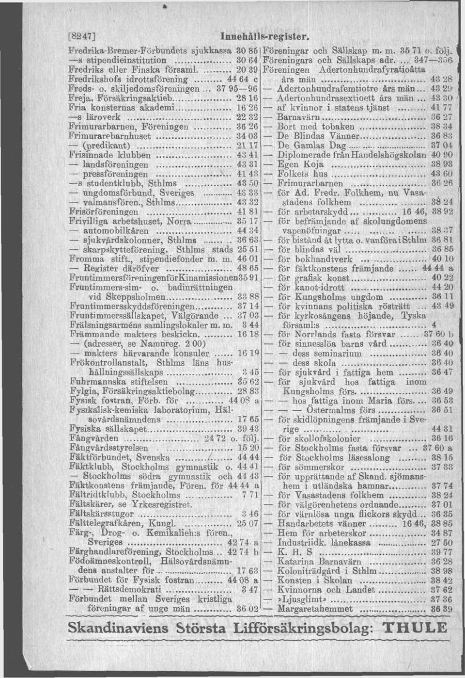 Adertonhnndrasextioett års män 43 3 O Fria konsternas akademi i 16 26 af kvinnor i statens tjänst 41 77 -s l'aroverk 23 32 Barnavärn 36 27 fiimurarbarnen, Föreningen 36 26 Bort med tobaken 38 34