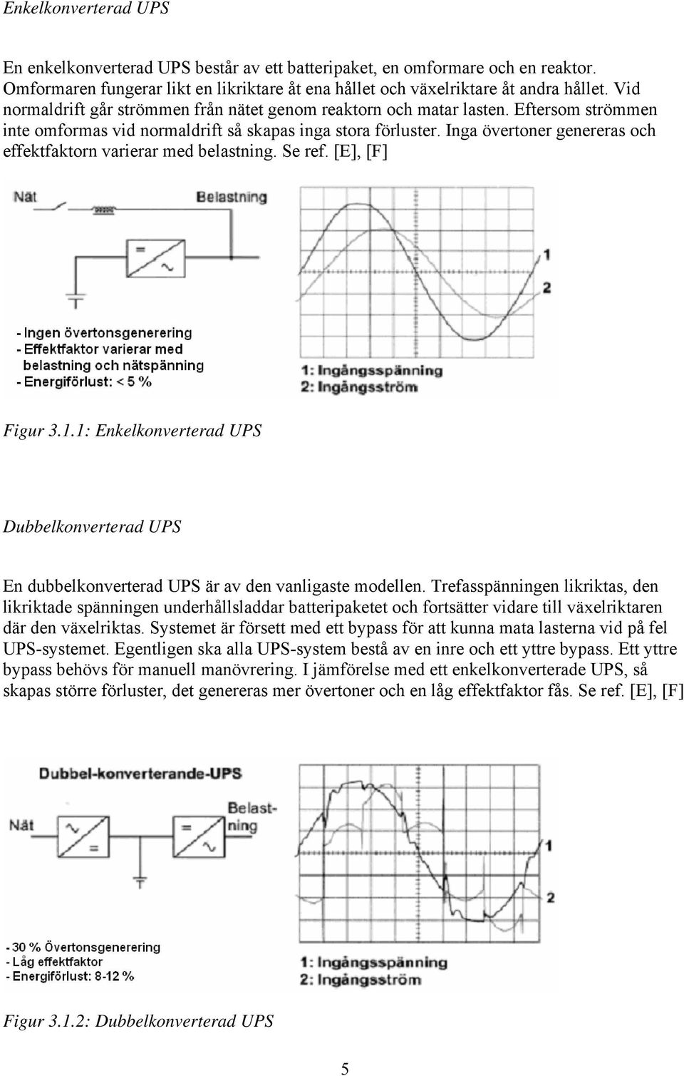 Inga övertoner genereras och effektfaktorn varierar med belastning. Se ref. [E], [F] Figur 3.1.1: Enkelkonverterad UPS Dubbelkonverterad UPS En dubbelkonverterad UPS är av den vanligaste modellen.