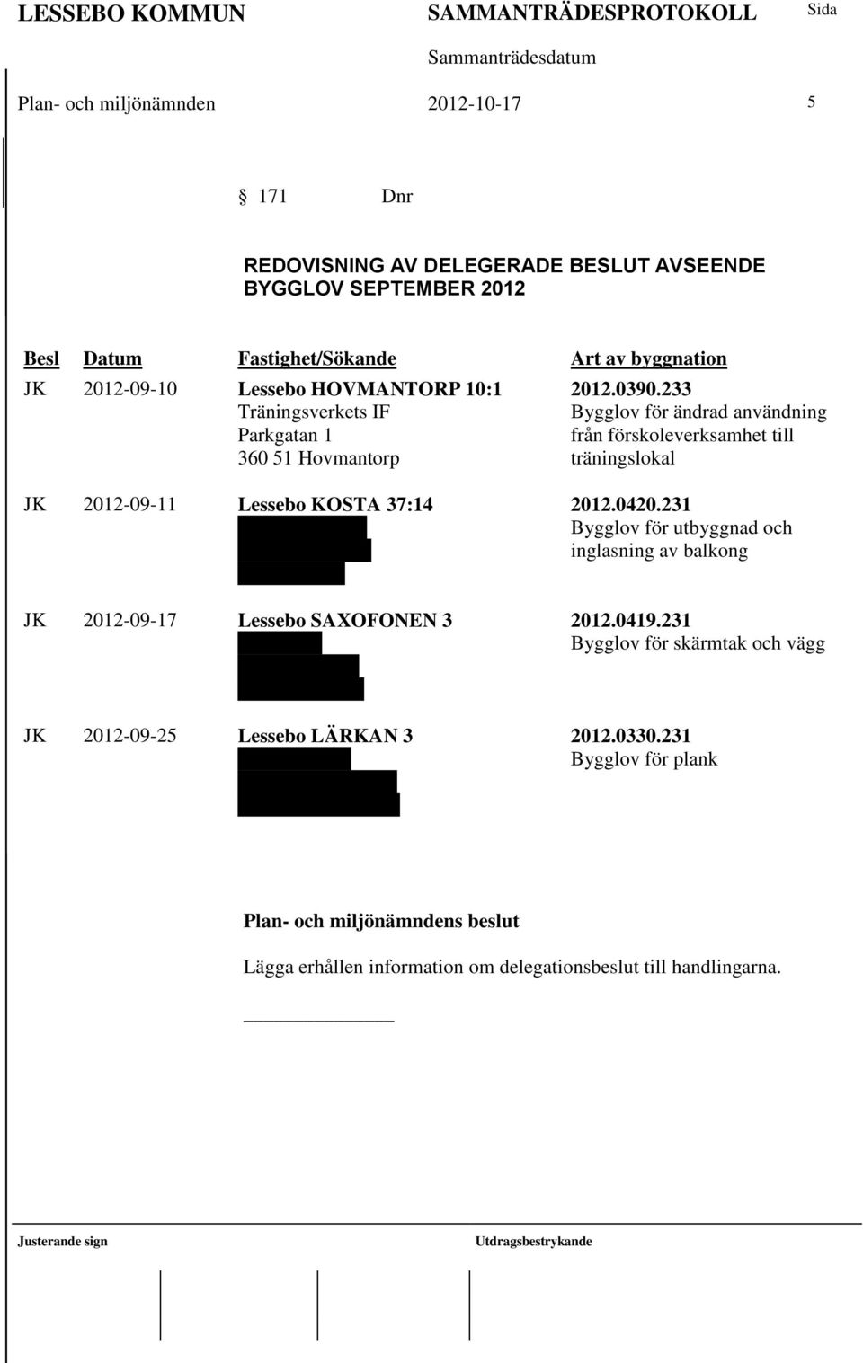 233 Bygglov för ändrad användning från förskoleverksamhet till träningslokal JK 2012-09-11 Lessebo KOSTA 37:14 Martin Wäglind Fröagölsvägen 3 360 52 Kosta JK 2012-09-17 Lessebo SAXOFONEN 3