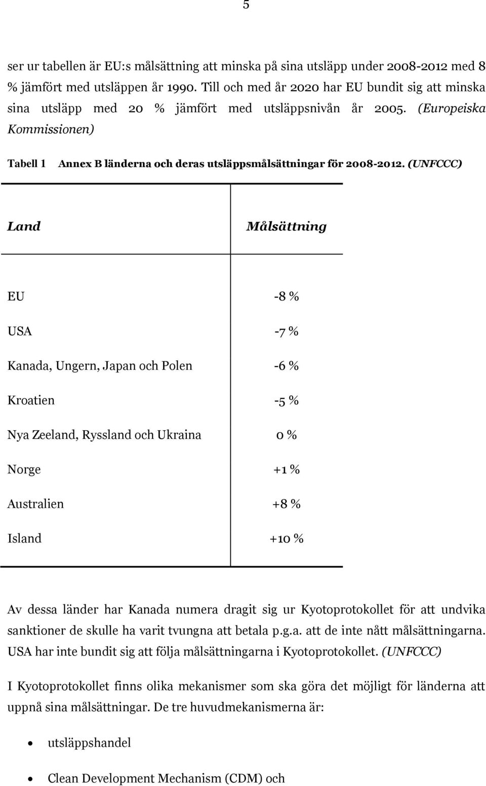 (Europeiska Kommissionen) Tabell 1 Annex B länderna och deras utsläppsmålsättningar för 2008-2012.