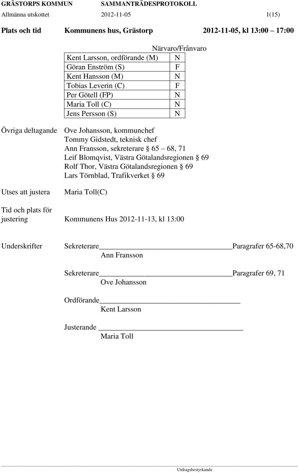 68, 71 Leif Blomqvist, Västra Götalandsregionen 69 Rolf Thor, Västra Götalandsregionen 69 Lars Törnblad, Trafikverket 69 Utses att justera Maria Toll(C) Tid och plats för justering