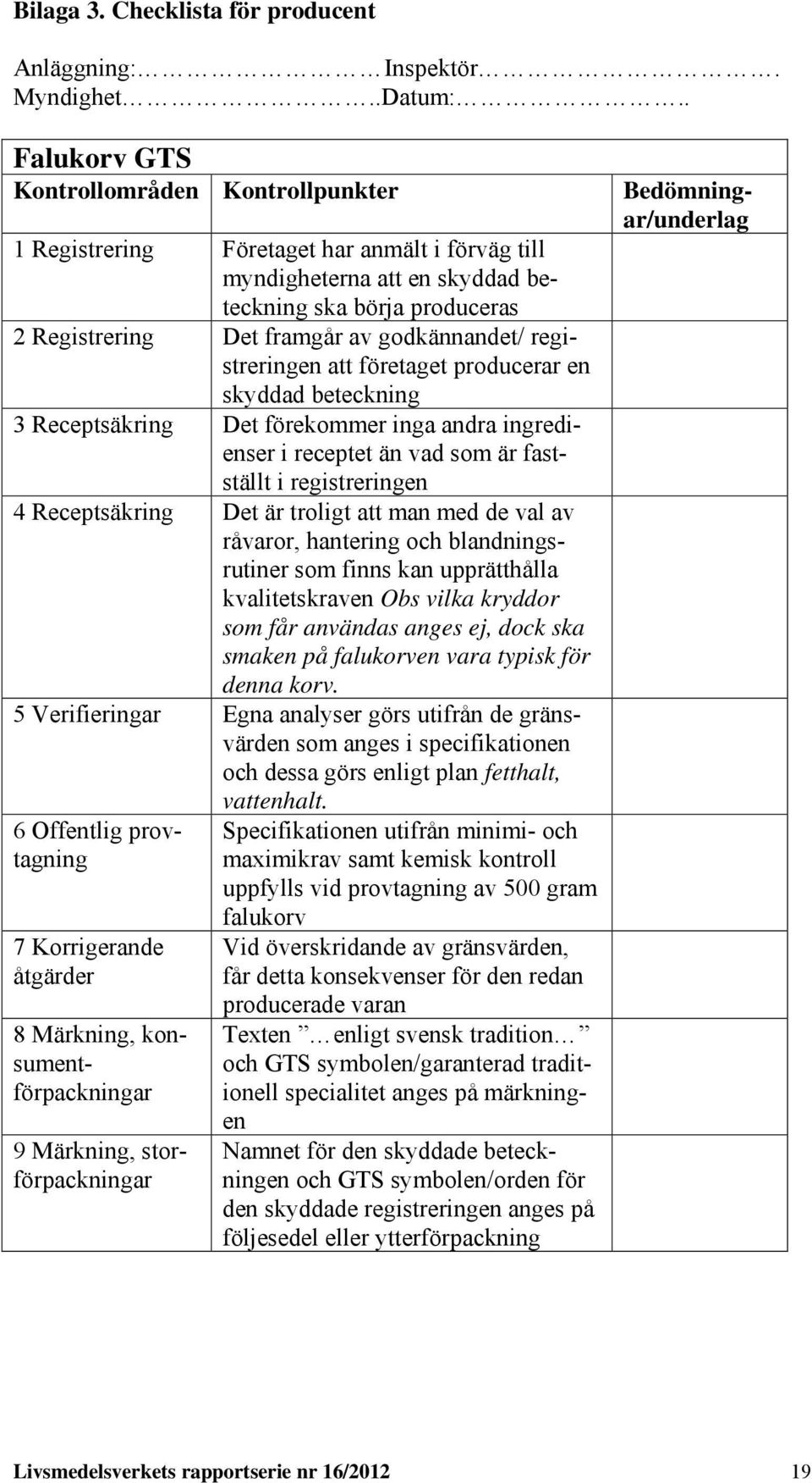 godkännandet/ registreringen att företaget producerar en skyddad beteckning 3 Receptsäkring Det förekommer inga andra ingredienser i receptet än vad som är fastställt i registreringen 4 Receptsäkring