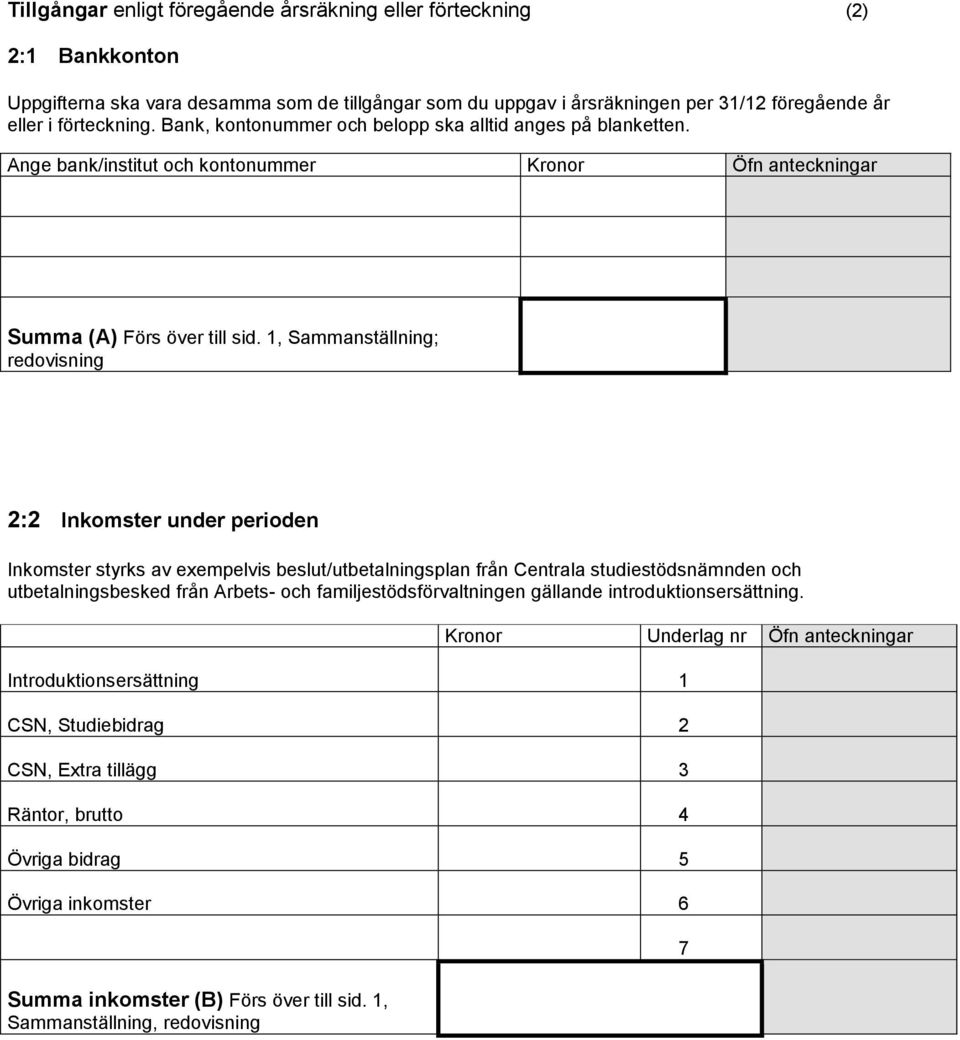 1, Sammanställning; redovisning 2:2 Inkomster under perioden Inkomster styrks av exempelvis beslut/utbetalningsplan från Centrala studiestödsnämnden och utbetalningsbesked från Arbets- och