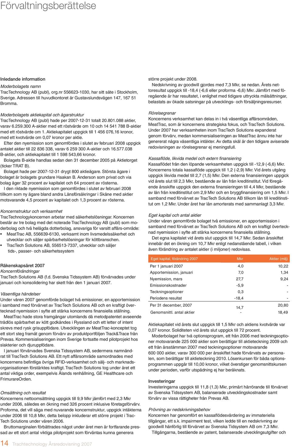 300 A-aktier med ett röstvärde om 10 och 14 541 788 B-aktier med ett röstvärde om 1. Aktiekapitalet uppgick till 1 456 076,16 kronor, med ett kvotvärde om 0,07 kronor per aktie.