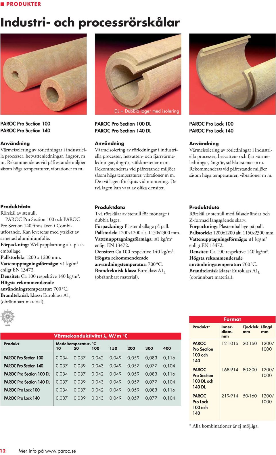 PAROC Pro Section DL PAROC Pro Section 140 DL Värmeisolering av rörledningar i industriella processer, hetvatten- och fjärrvärmeledningar, ångrör, stål skorstenar m De två lagen förskjuts vid
