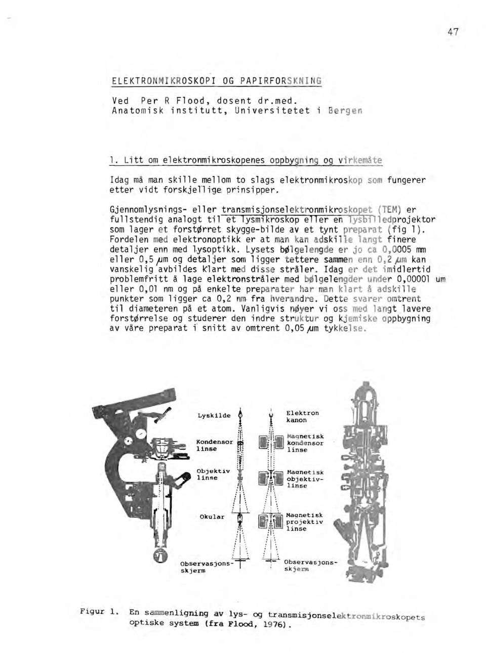 Gjennomlysnings- eller transmisjonselektronmikroskopet (TEM) er fullstendig analogt til et lysmikroskop eller en lysbilledprojektor som lager et forst~rret skygge-bilde avet tynt preparat (fig l).